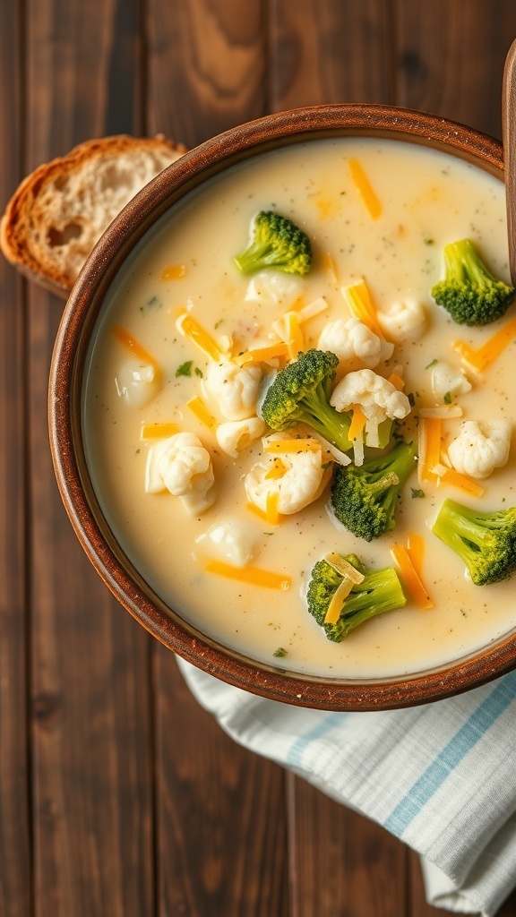 A bowl of creamy broccoli cauliflower cheese soup garnished with cheese and herbs, alongside a slice of bread.